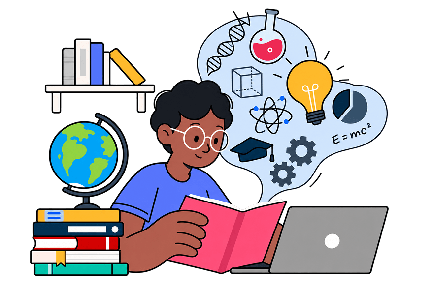 Estudante lendo e aprendendo Geografia com globo, livros e ideias científicas