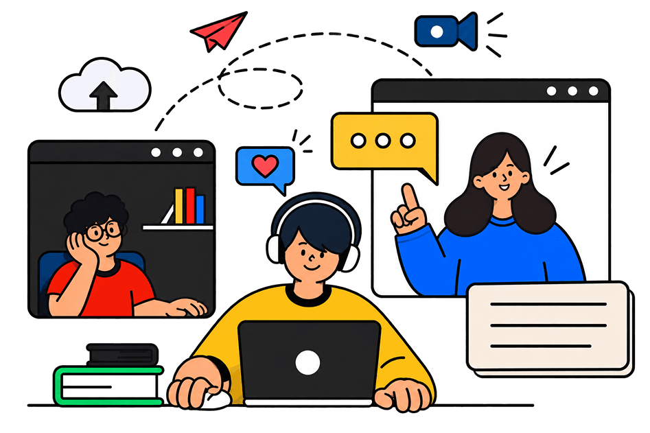 Aula ao vivo com estudantes e professora em telas
