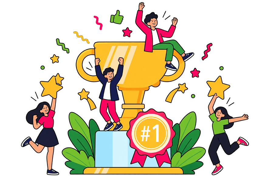 Estudantes comemorando com um troféu e medalha de primeiro lugar