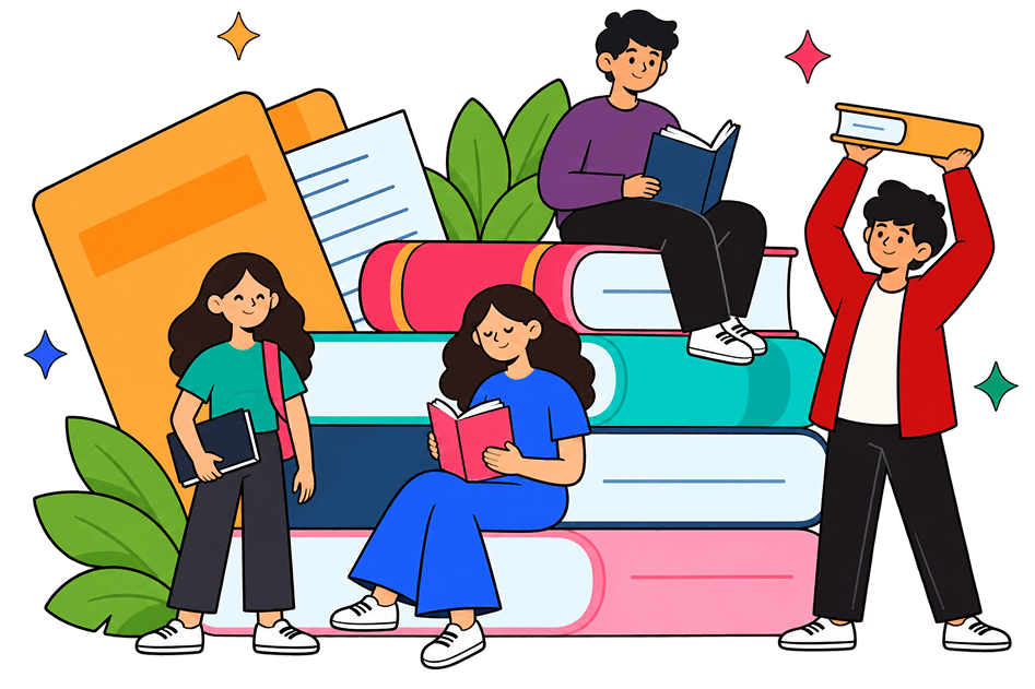 Alunas e alunos reunidos entre livros, estudando em grupo